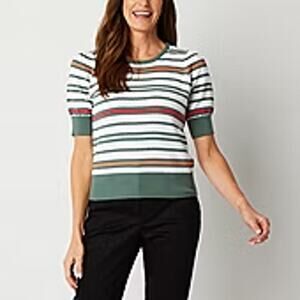 NWT Liz Claiborne Green Striped Short Sleeve Knit Sweater Women's Size XL